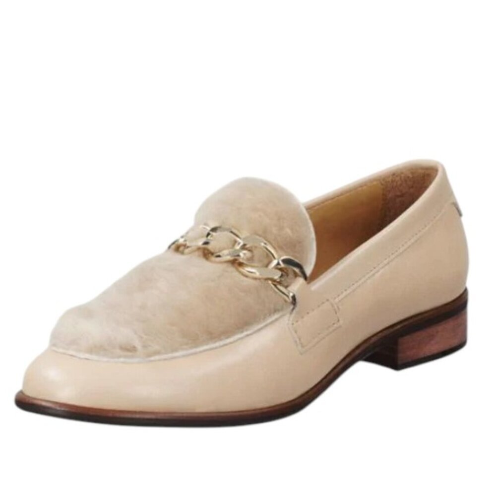 Gant Cream Leather Loafers with Gold Chain and Fur Detail